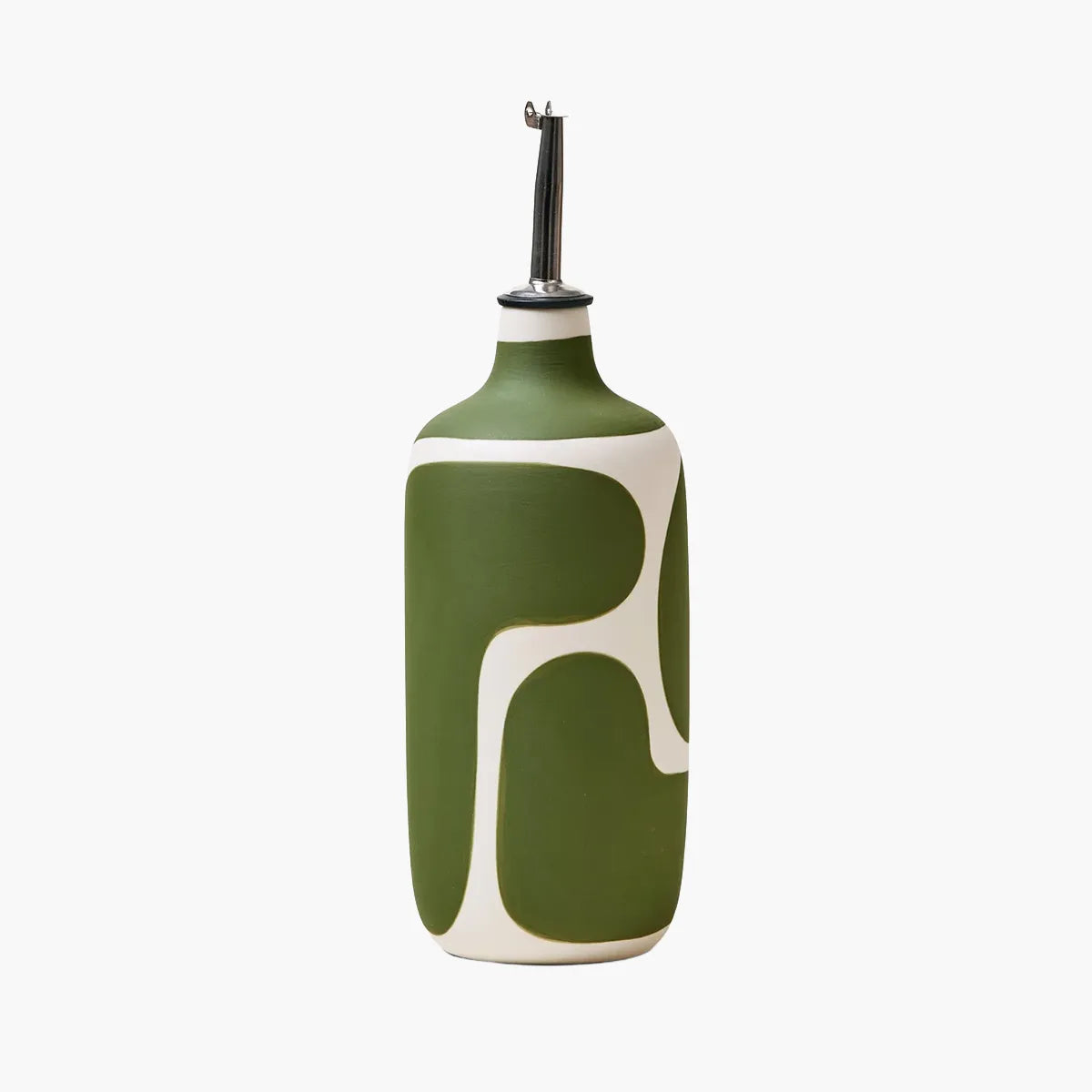 Green and white ceramic bottle on a white background