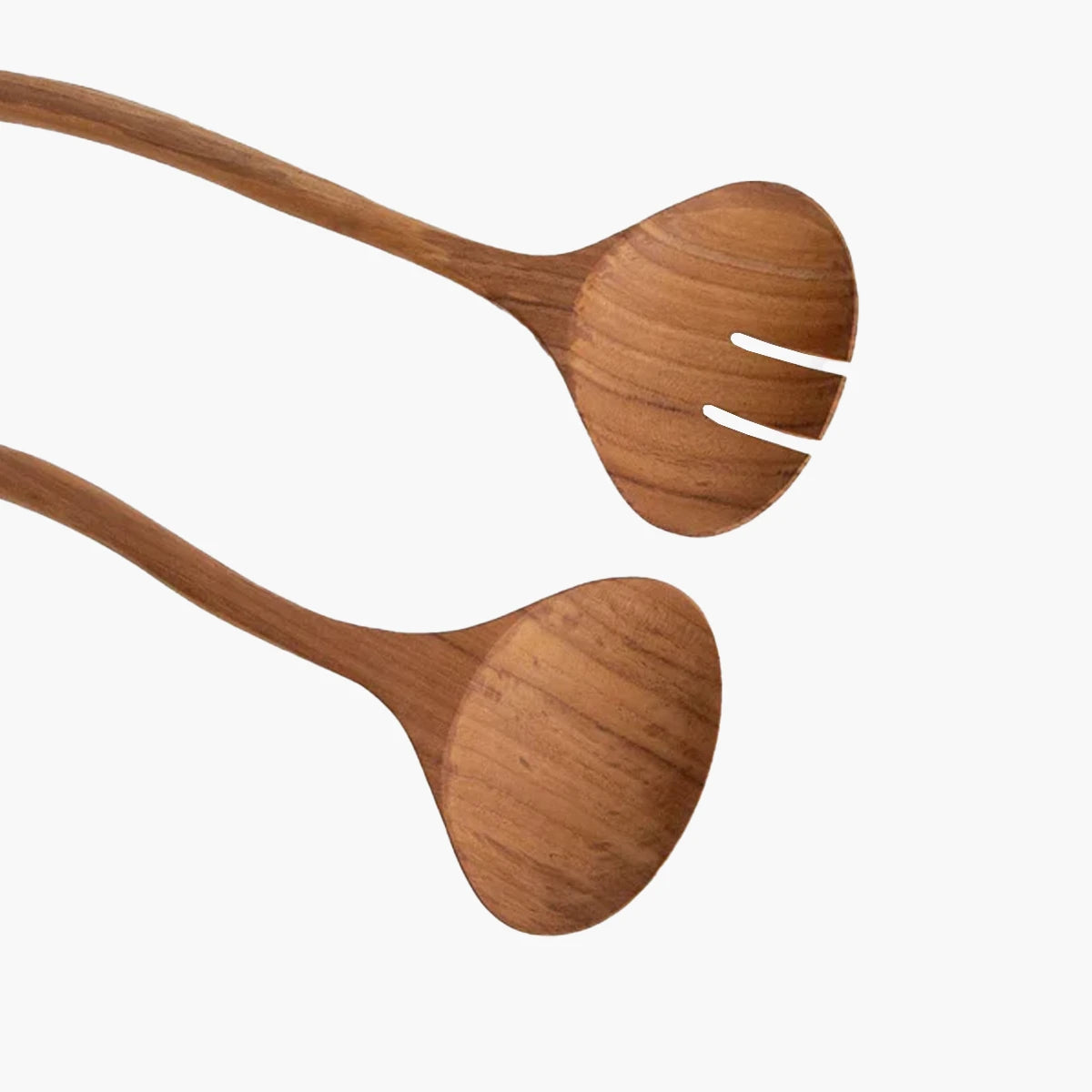 Wavy wooden salad servers made from teak wood