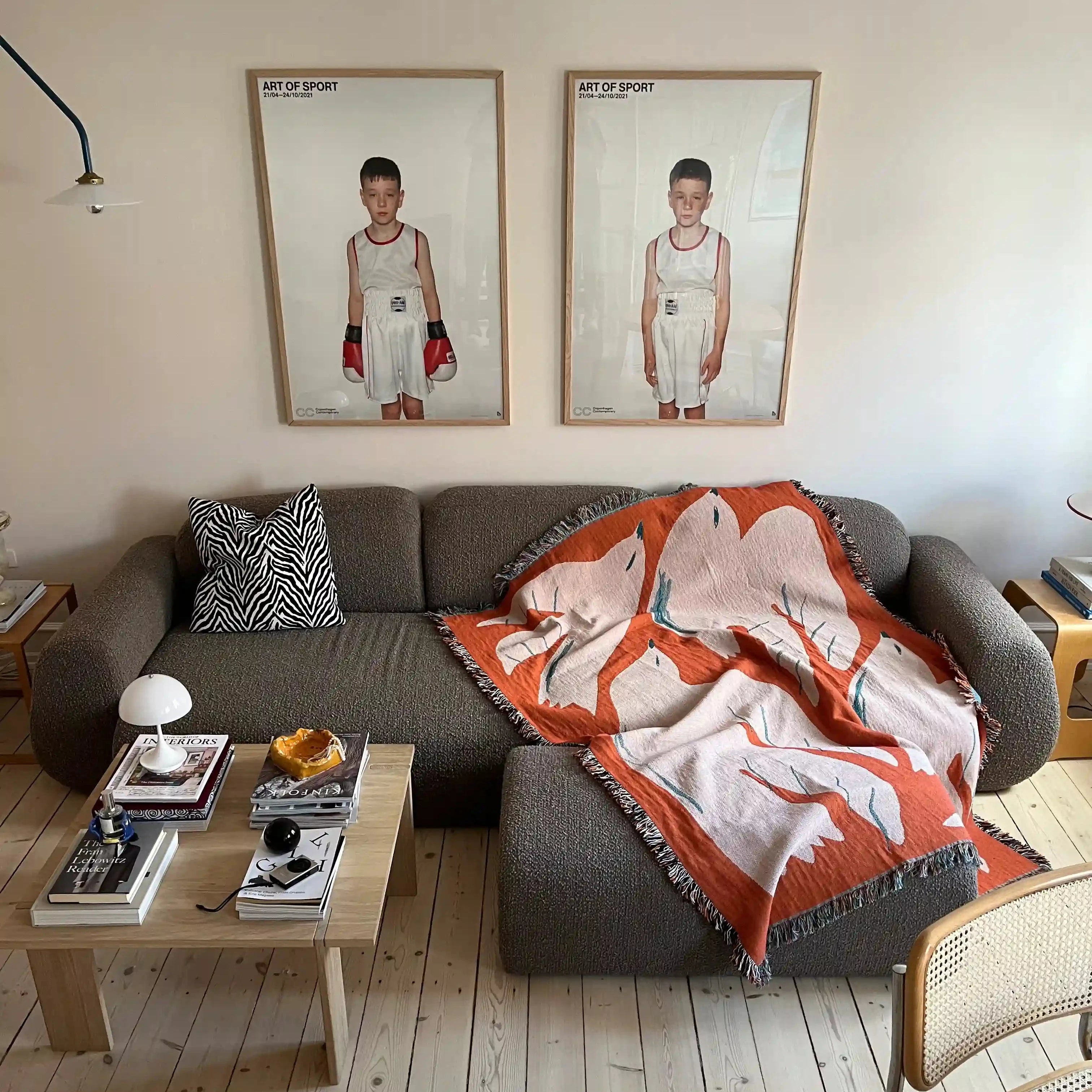 Living room with a gray sofa, coffee table, and framed pictures on the wall and orange blanket with bird artwork on it.
