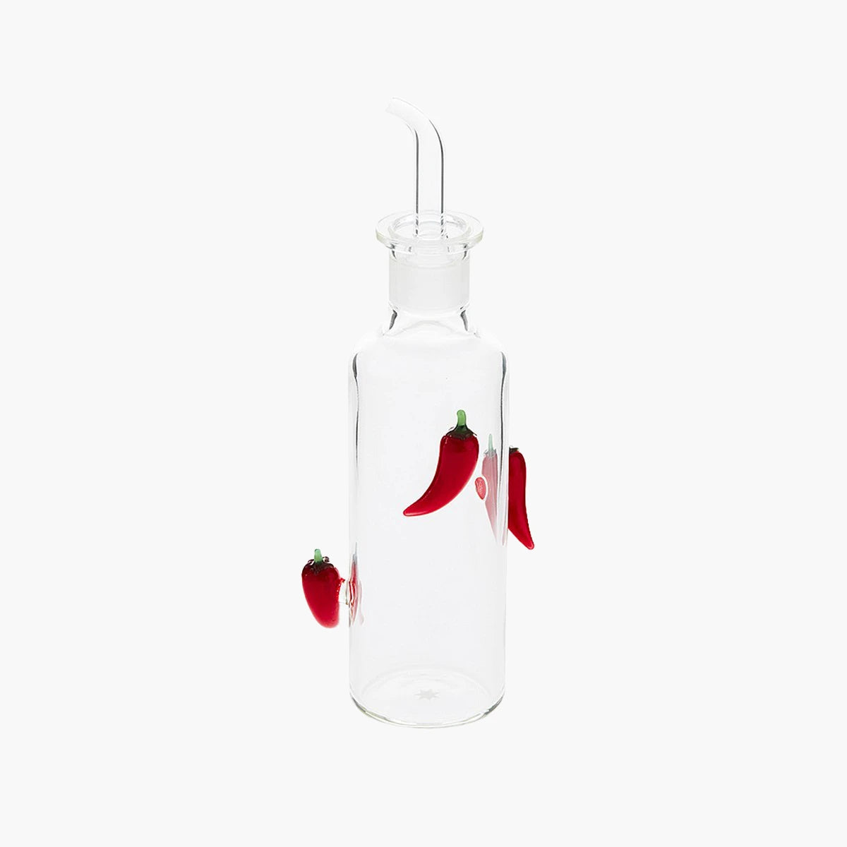 Glass chilii oil bottle with tiny glass chillis decorating it on the outside