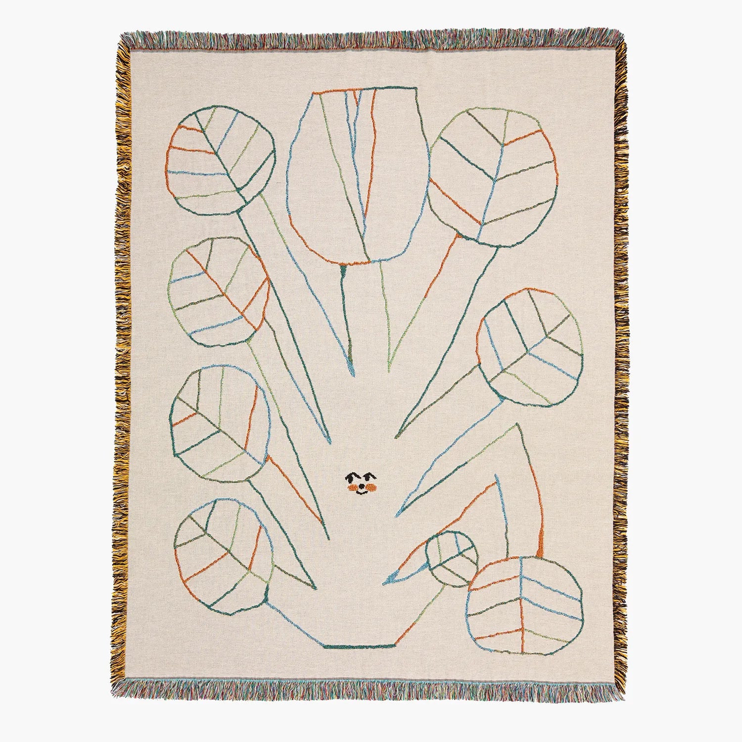 Decorative blanket with abstract leaf pattern on a beige background