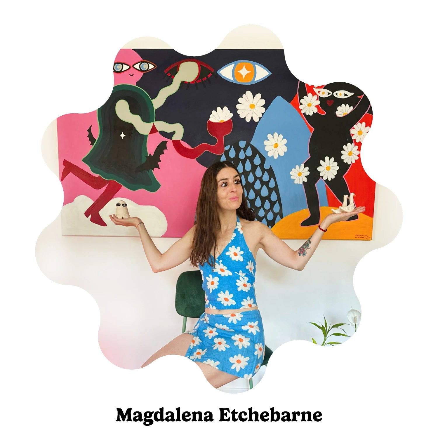 Portrait of Argentinian artist Magdalena Etchebarne (Magucha) with a large wall art piece behind her.