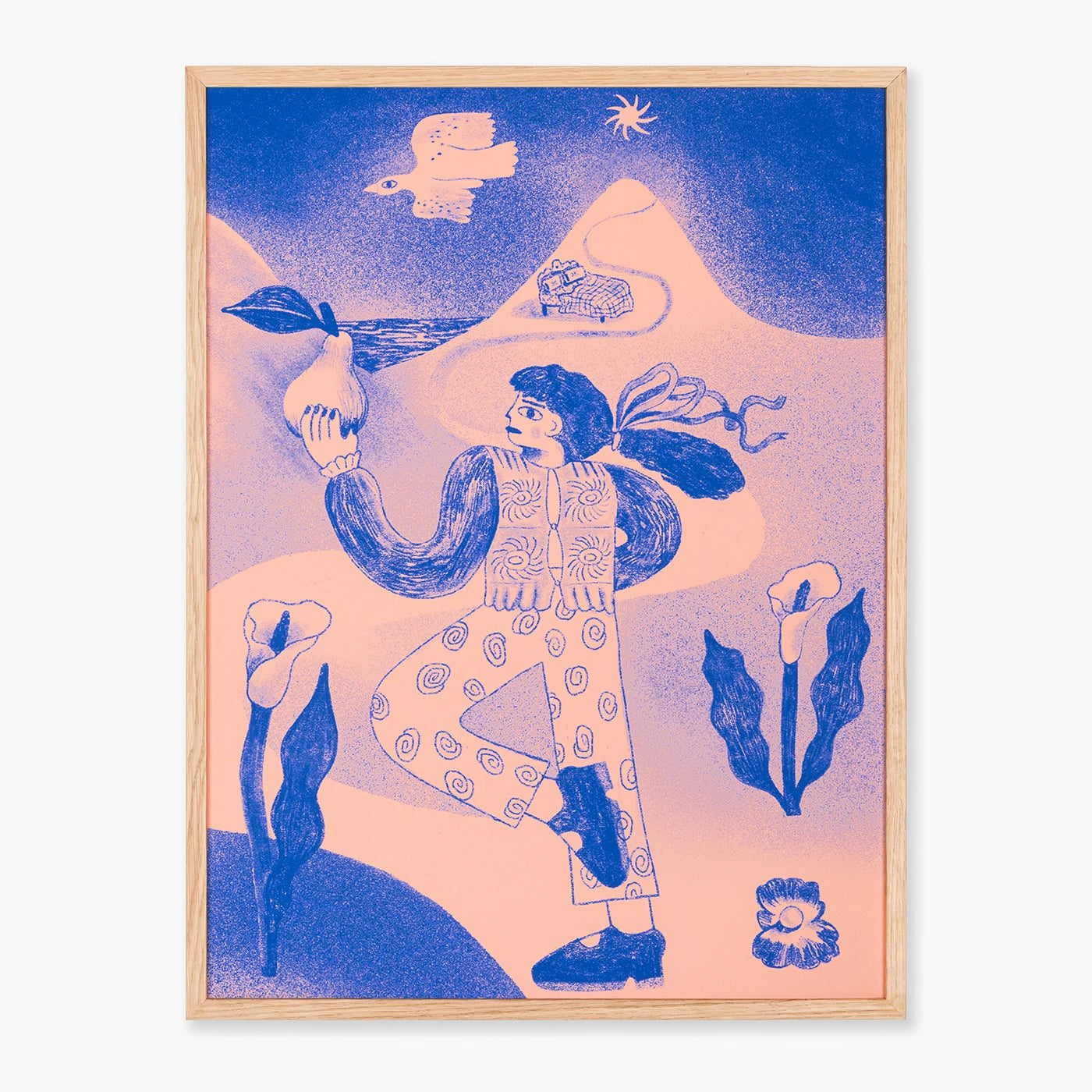 Wall art featuring a stylized illustration in blue and peach tones, showing a person holding a flower, a bird, mountains, and abstract floral shapes, mounted in a light wood frame against a white background.