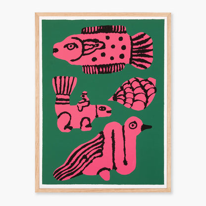 Wall art featuring an abstract pink and black illustration of four animals on a dark green background, enclosed in a light natural wood frame.