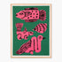 Wall art featuring an abstract pink and black illustration of four animals on a dark green background, enclosed in a light natural wood frame.