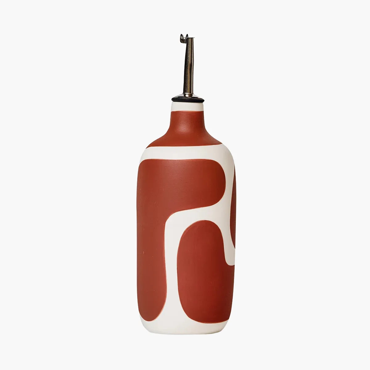 Decorative ceramic bottle with a red and white pattern on a white background