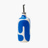 White bottle with blue abstract design on a white background