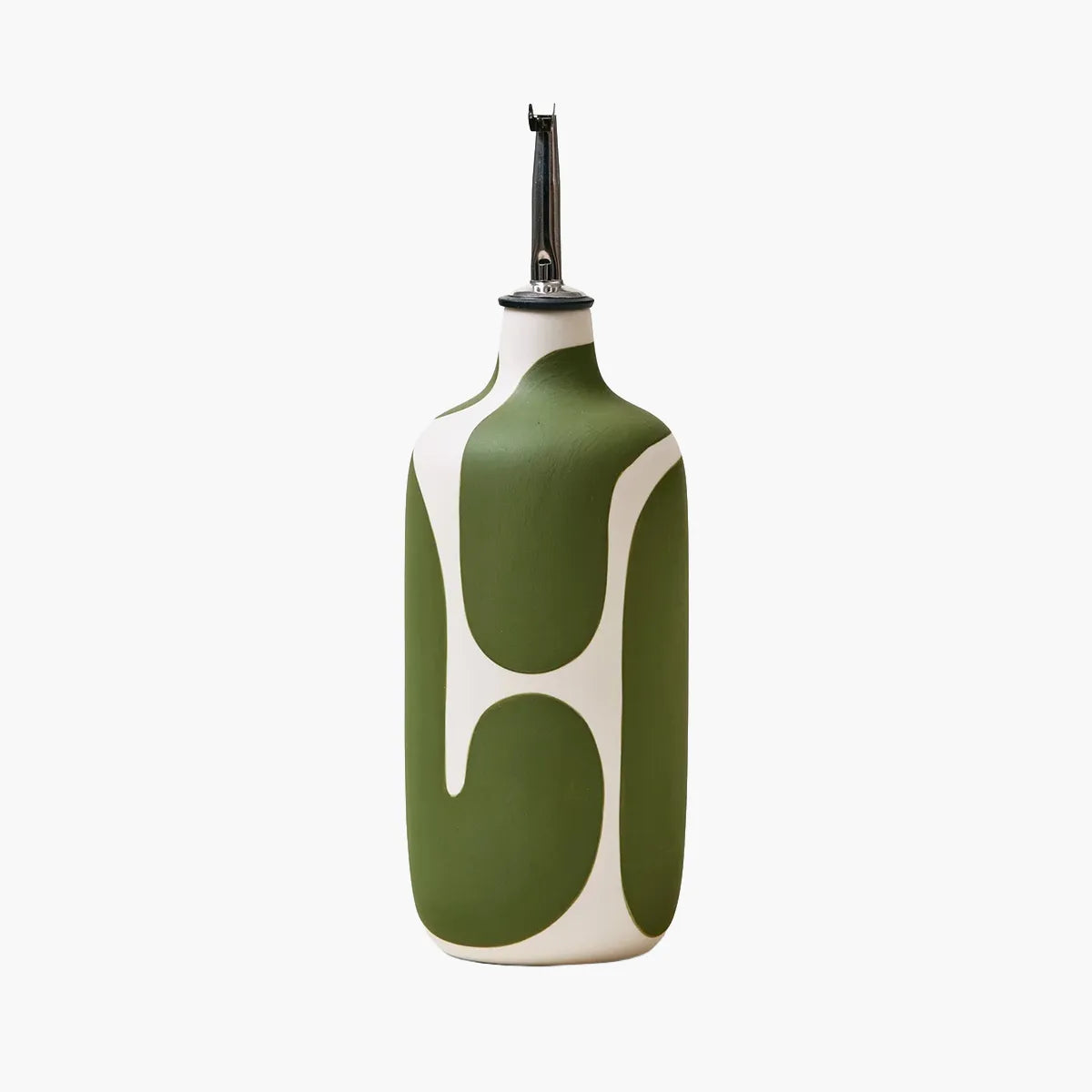Green and white decorative bottle on a white background
