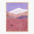 Wall art print featuring a landscape with a white snow-capped mountain under a lavender sky, pink hills, and a small dark horse silhouette in a textured field, shown against a light gray background.