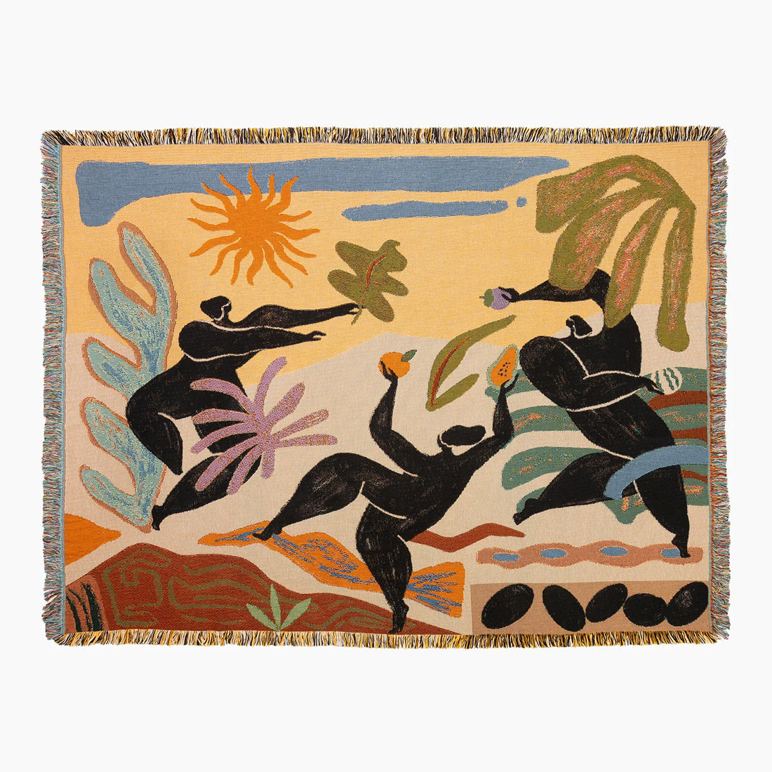 Marais woven throw blanket with a colorful abstract folk-art design featuring stylized human figures, a sun, leaves, and geometric shapes on a cream background, finished with fringed edges.
