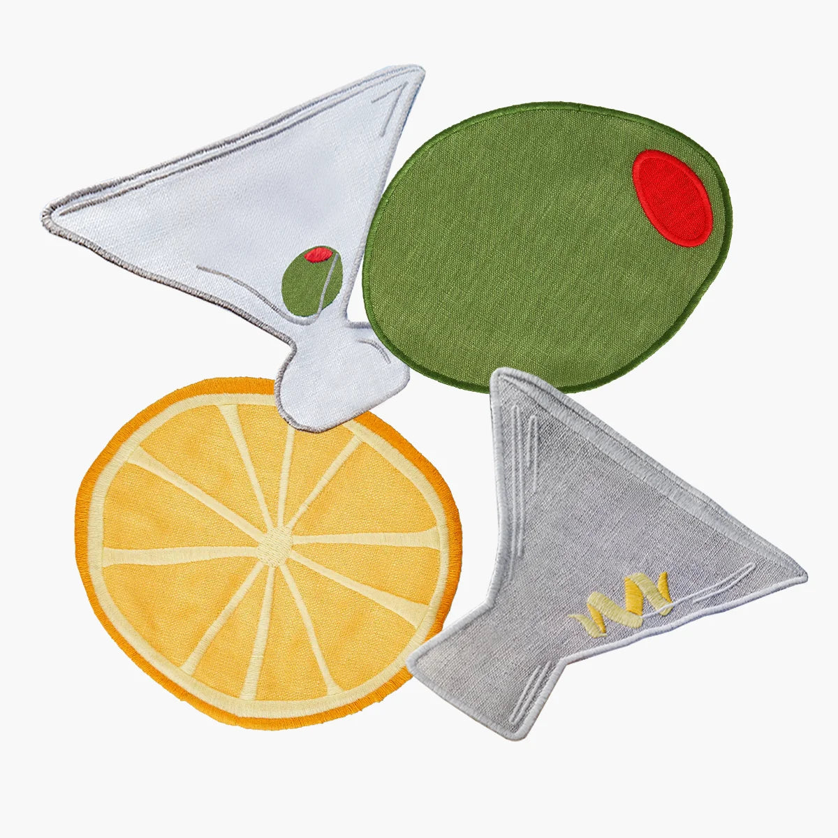 Set of four decorative coasters shaped like a martini glass, lemon, olive, and cocktail napkin on a white background.