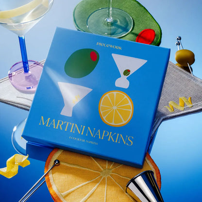 Blue box of Martini Napkins with cocktail-themed design on a blue background