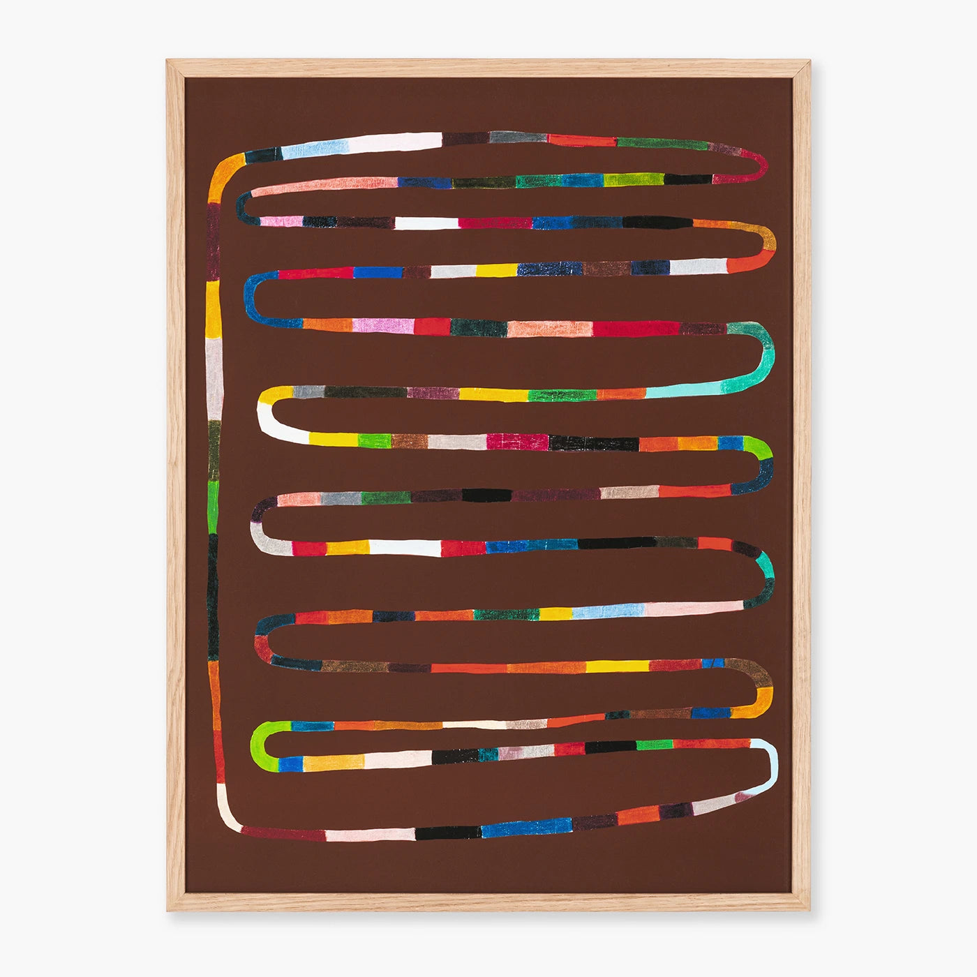 Framed abstract wall art featuring a brown background with multiple wavy, ribbon-like lines in many different colors, enclosed in a light natural wood frame against a white background.