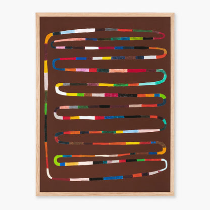 Framed abstract wall art featuring a brown background with multiple wavy, ribbon-like lines in many different colors, enclosed in a light natural wood frame against a white background.