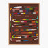 Framed abstract wall art featuring a brown background with multiple wavy, ribbon-like lines in many different colors, enclosed in a light natural wood frame against a white background.