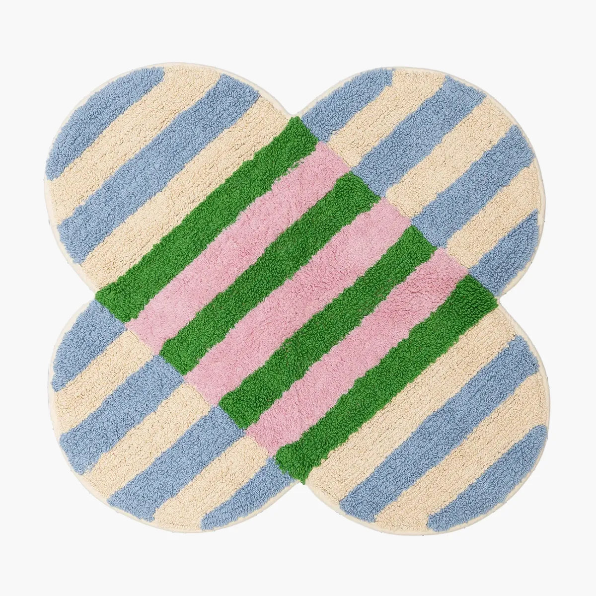 Heart-shaped rug with colorful striped pattern on a white background