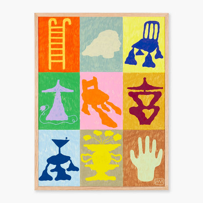 Wall art print featuring a framed art print featuring a 3x3 grid of colorful abstract symbols and shapes on a light gray background.