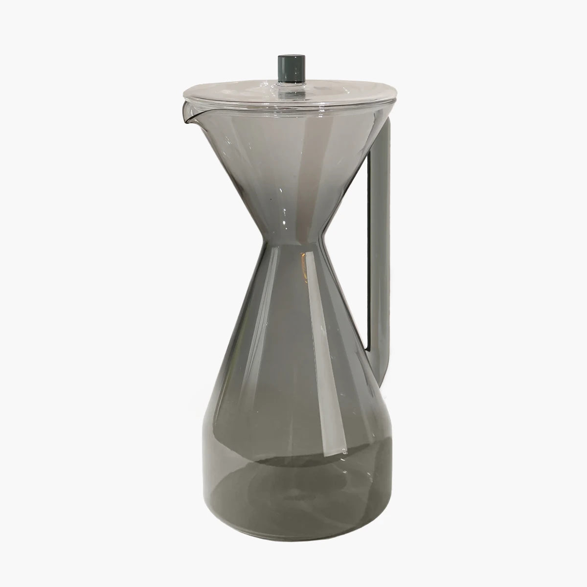 Gray glass hourglass-shaped pourover carafe on a white background
