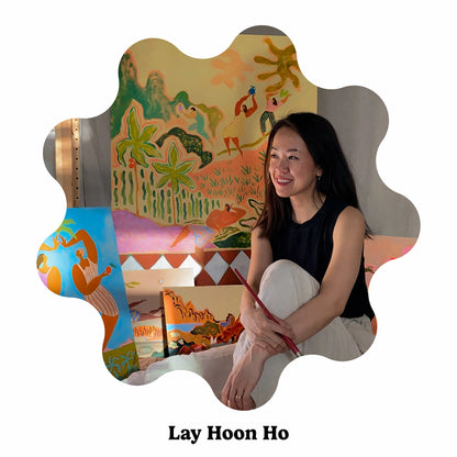 A wavy-edged photo frame containing a portrait of artist Lay Hoon Ho (Arty Guava) seated indoors in front of a colorful painted mural, with the text &